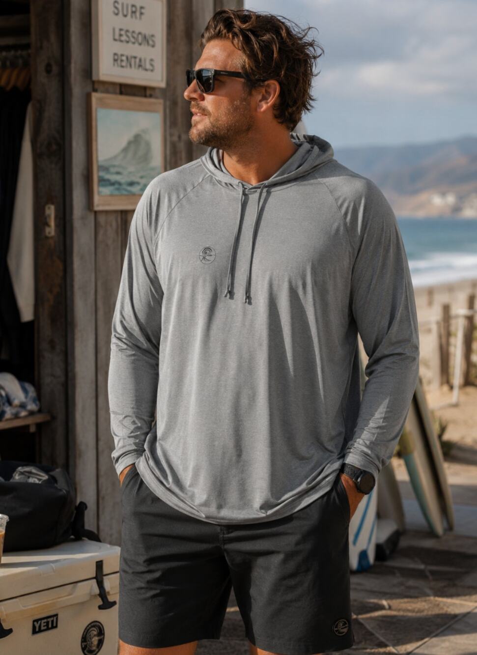O'Neill Hyperdry Hybrid Hooded Top Mens XXL Gray UPF 50+ Surf Swim Rashguard
